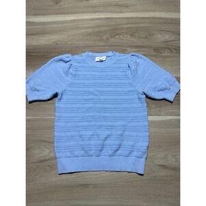 Free Assembly Knit Top Womens S Blue Puff Short Sleeve Textured CrewNeck Sweater